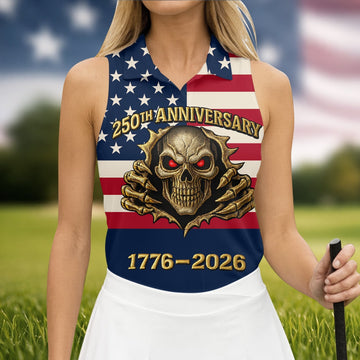 Patriotic American Flag Cool Skull 250th Anniversary Women's Golf Tops, Ladies Golf Shirts, Golf Gift For Ladies