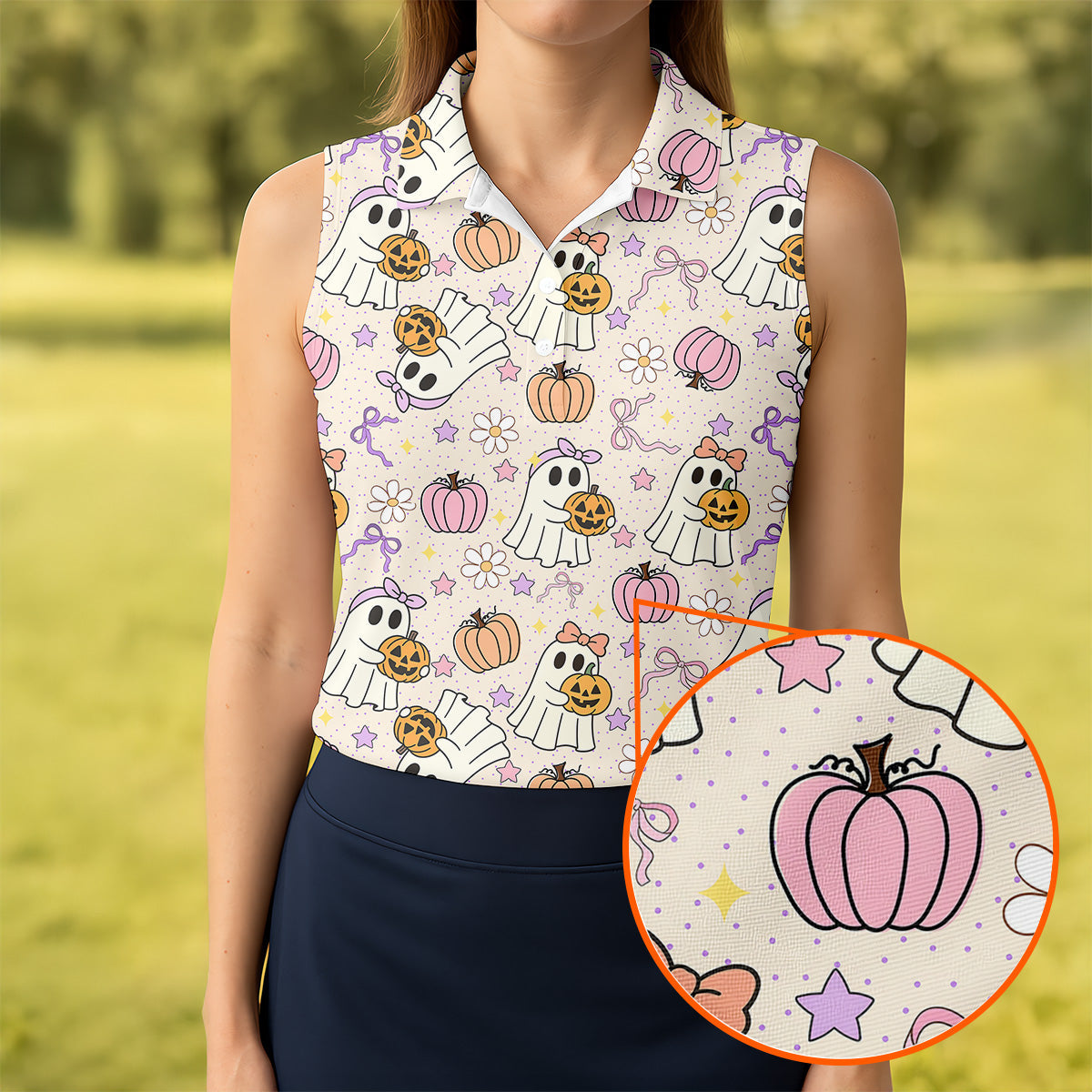 Halloween Seamless Pattern Cute Golf Shirt, Retro Halloween Ladies Golf Tops, Golf Gifts For Women