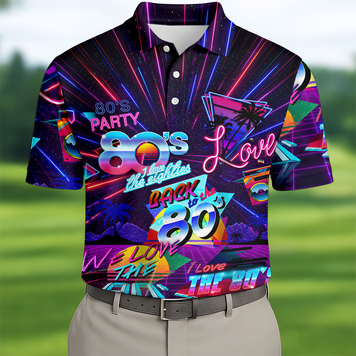 80s Retro Party Golf Shirt, Neon Synthwave Sunset Pattern, Golf Shirt For Men