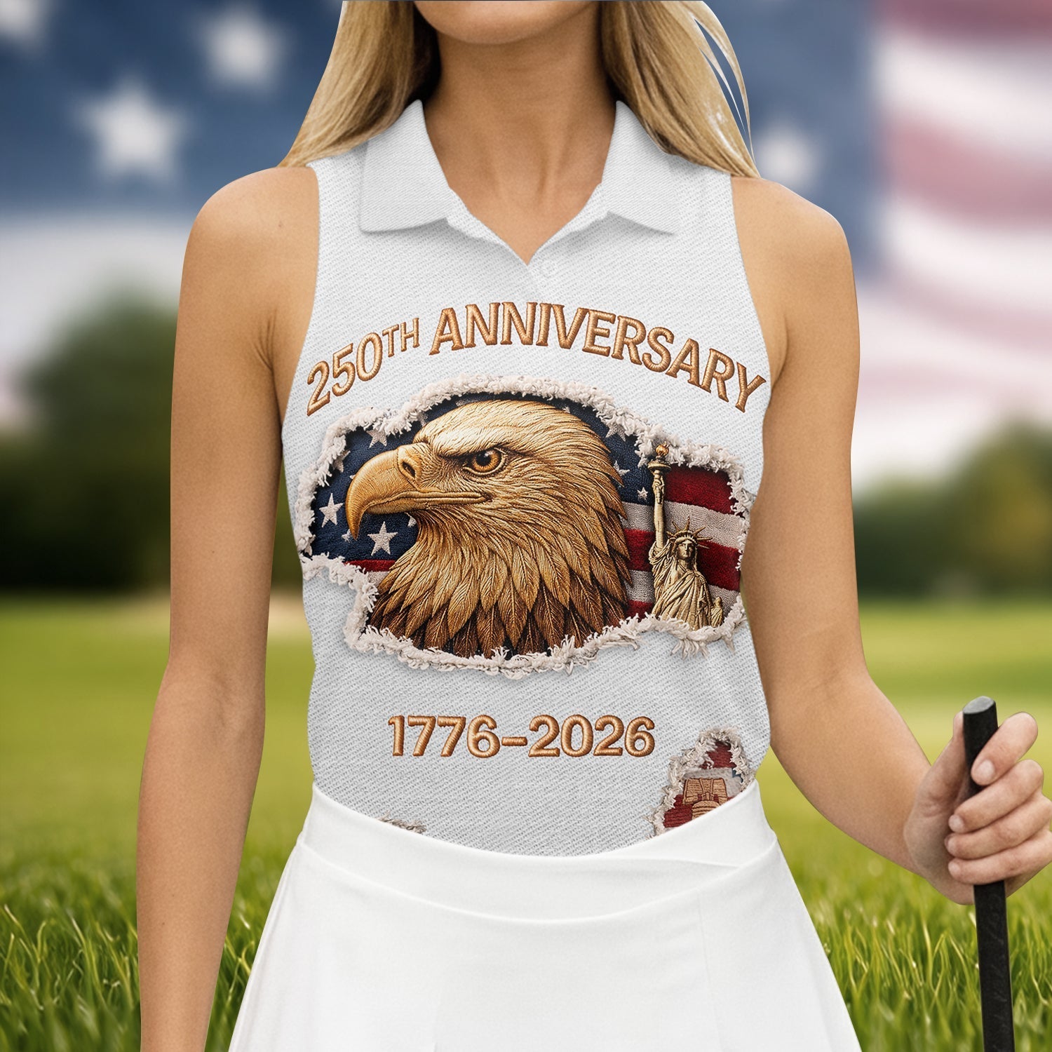 250th Anniversary 1776-2026 American Flag And Eagle Women's Golf Tops, Patriotic Golf Shirt, Ladies Golf Shirts