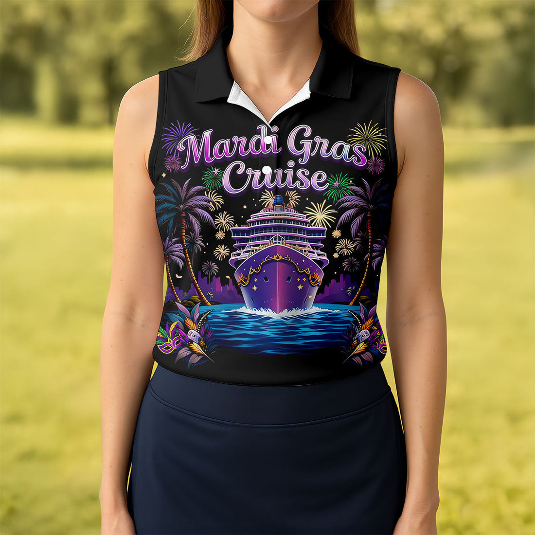 Mardi Gras Cruise Festive Theme Women's Golf Shirts, Women's Golf Tops, Ladies Golf Shirts