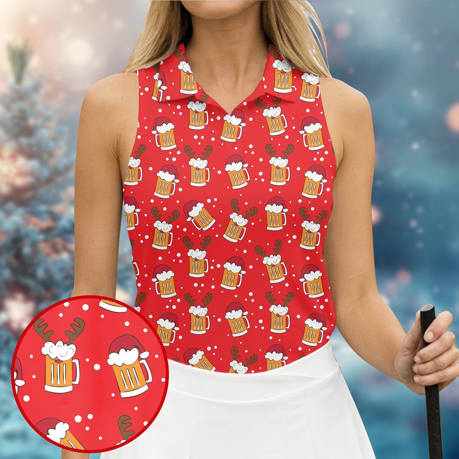 Christmas Beer Red Golf Shirt, Christmas Golf Shirt, Fun Women's Golf Shirts, Ladies Golf Polos, Golfing Apparel