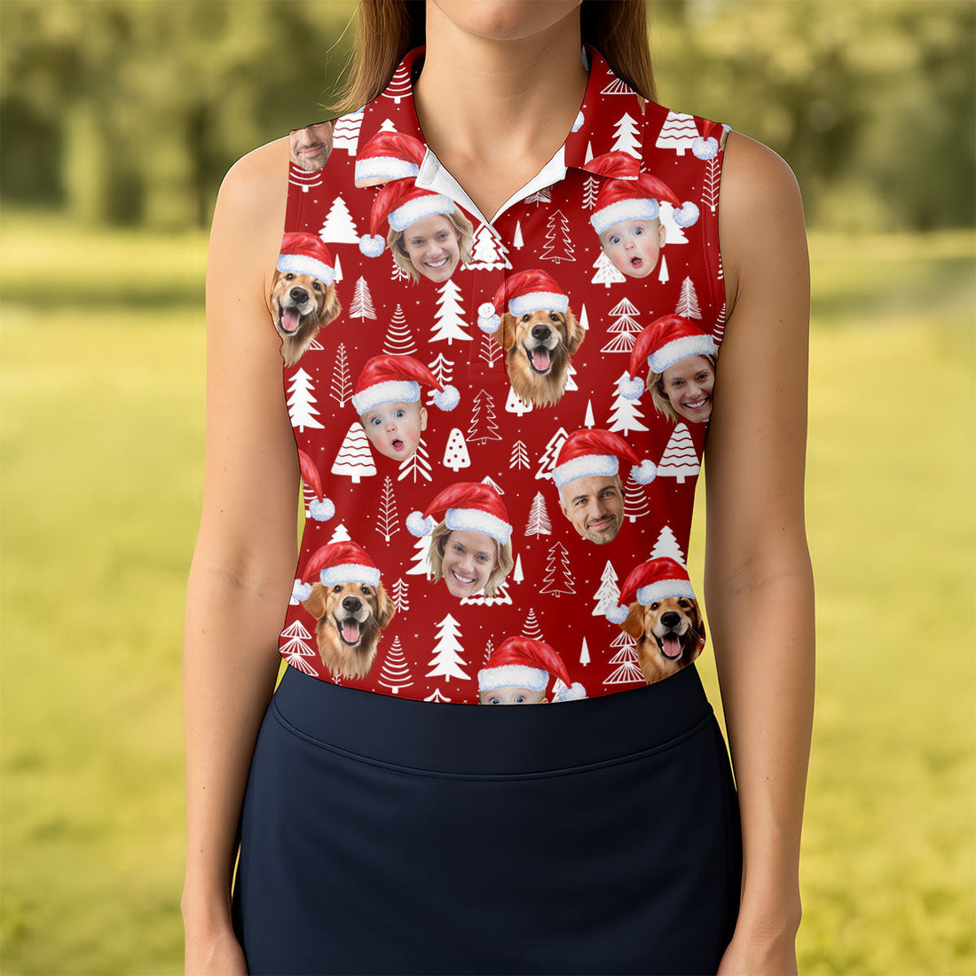 Custom Face Snow Pine Tree Red Golf Shirt, Christmas Golf Shirt, Women's Golf Tops, Golf Gift For Ladies