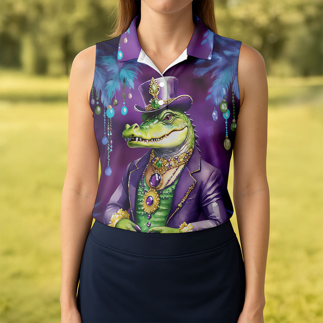 Mardi Gras Alligator Purple Golf Shirt, Fun Women's Golf Shirts, Women's Golf Tops, Ladies Golf Polos