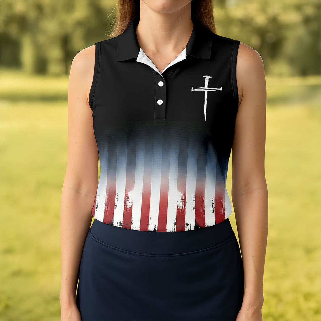 250 Years USA Anniversary 1776-2026 Ladies Golf Tops, Faith Cross Patriotic 4th Of July Golf Shirt For Women