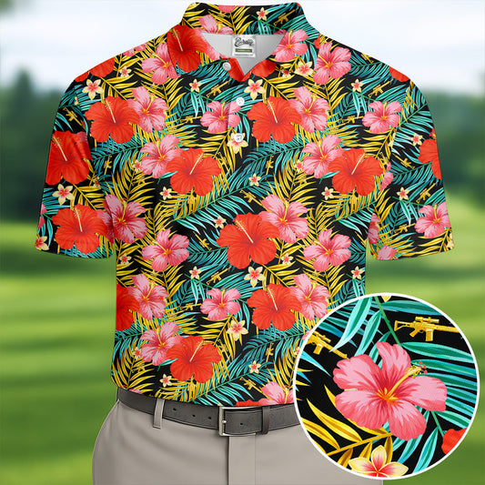 Red Hibicus Gold Palm Leaf Hawaiian Golf Shirt, Summer Theme Golf Shirts For Men