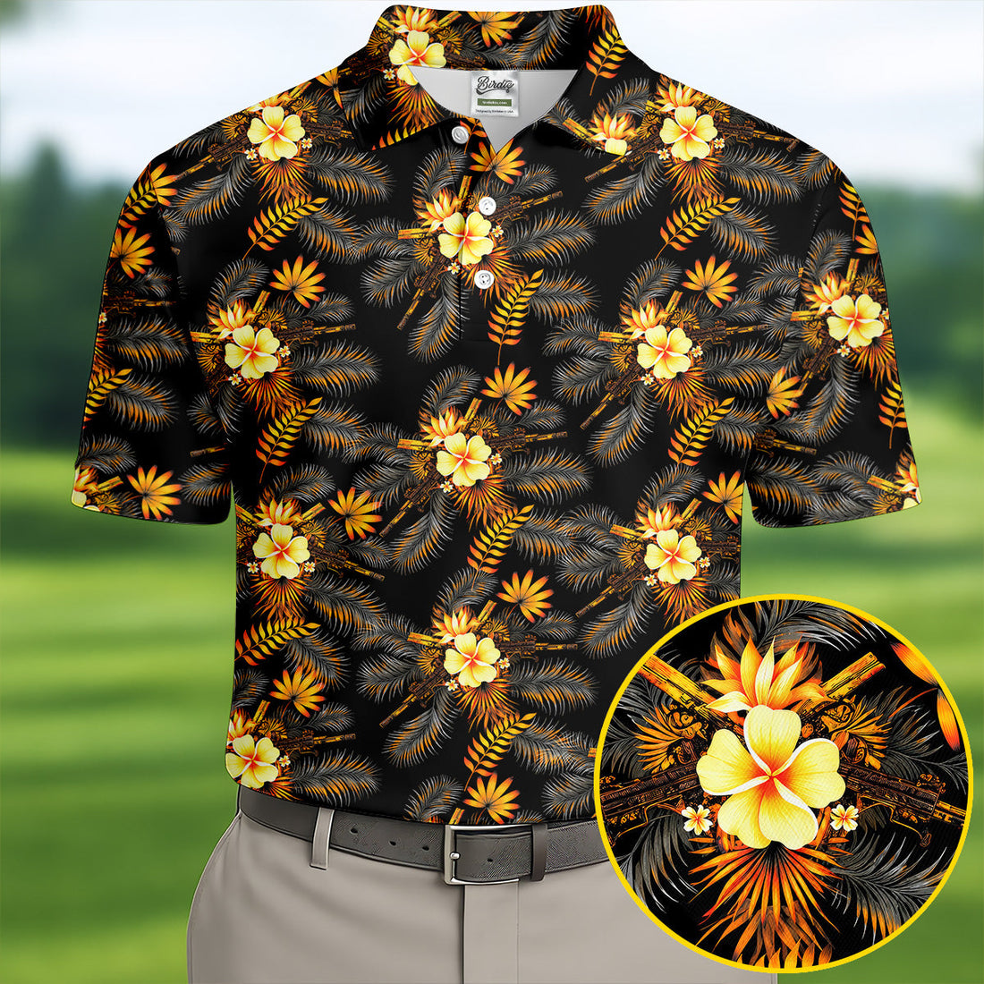 Yellow Hibiscus Flower Black Hawaiian Golf Shirt, Tropical Vibe Golf Shirts For Men
