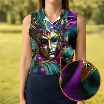 Mardi Gras Face Mask Turquoise Golf Shirt, Women's Golf Tops, Ladies Golf Polos, Women's Polo Shirt