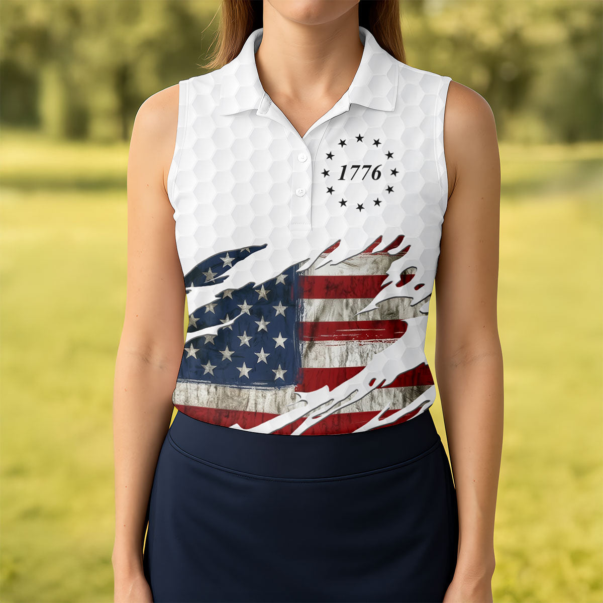 American Flag Cross Golf Ball Pattern Women's Golf Tops, 250th Anniversary Ladies Golf Shirts