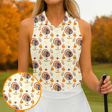 Turkey Pumpkin Thanksgiving Holiday Beige Women's Golf Shirts, Women Golf Top, Ladies Golf Polos