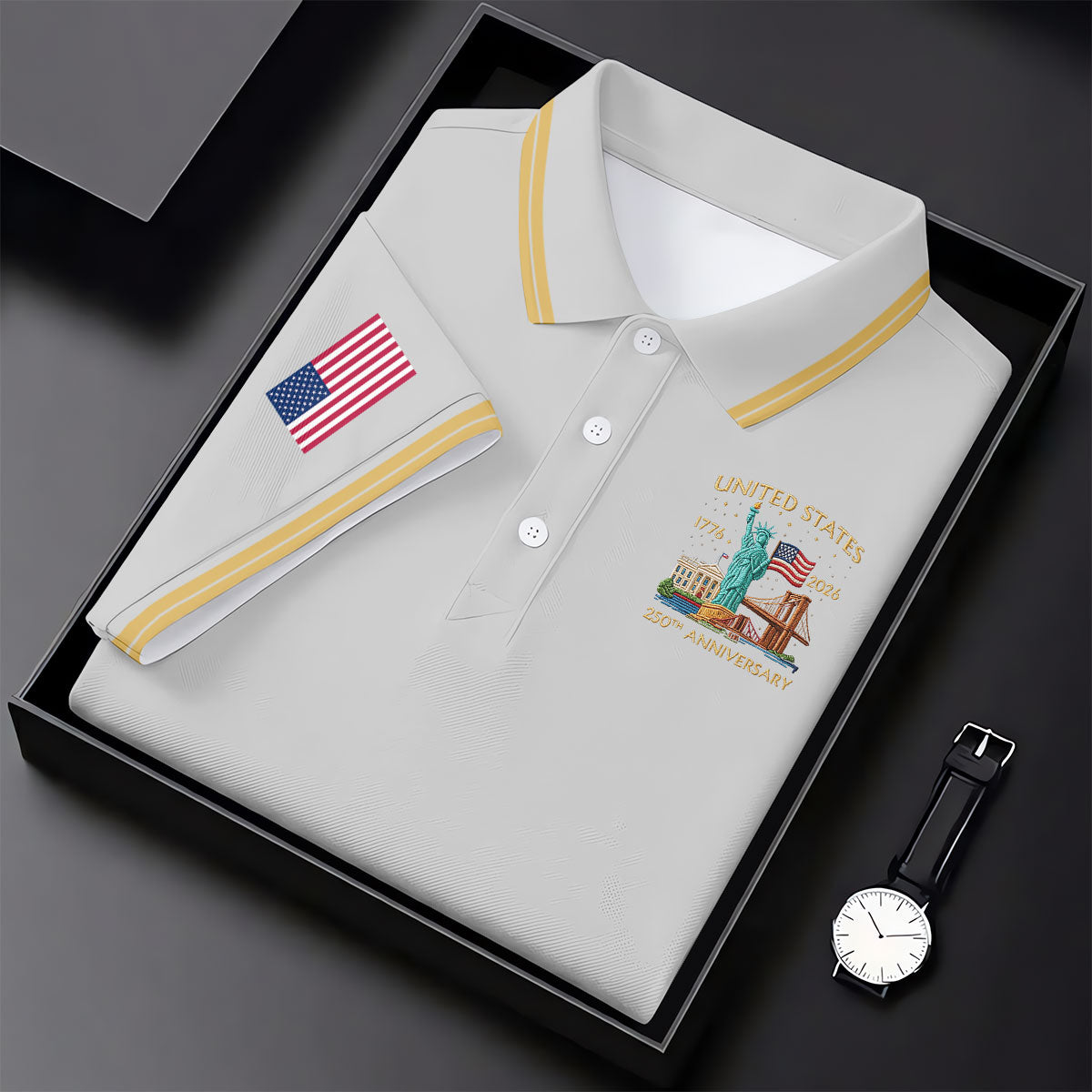 American Symbols Grey Patriotic Golf Shirt, US 250 Years 4th Of July Golf Shirt For Women