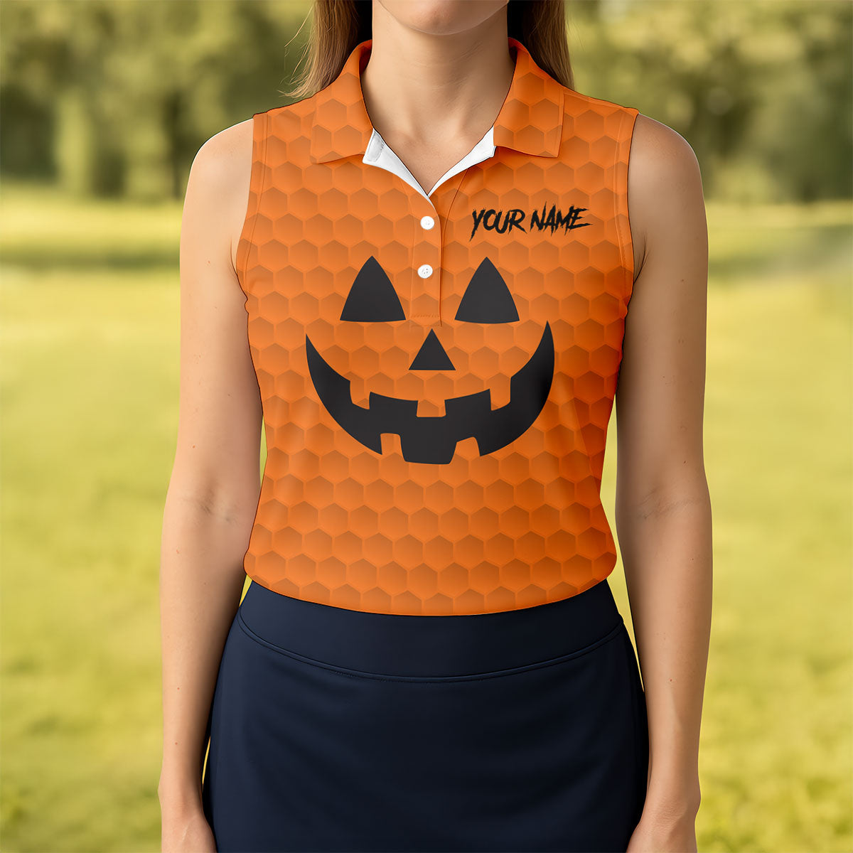 Halloween Pumpkin Face Custom Name Fun Women's Golf Shirts, Ladies Golf Tops, Golf Gifts For Women