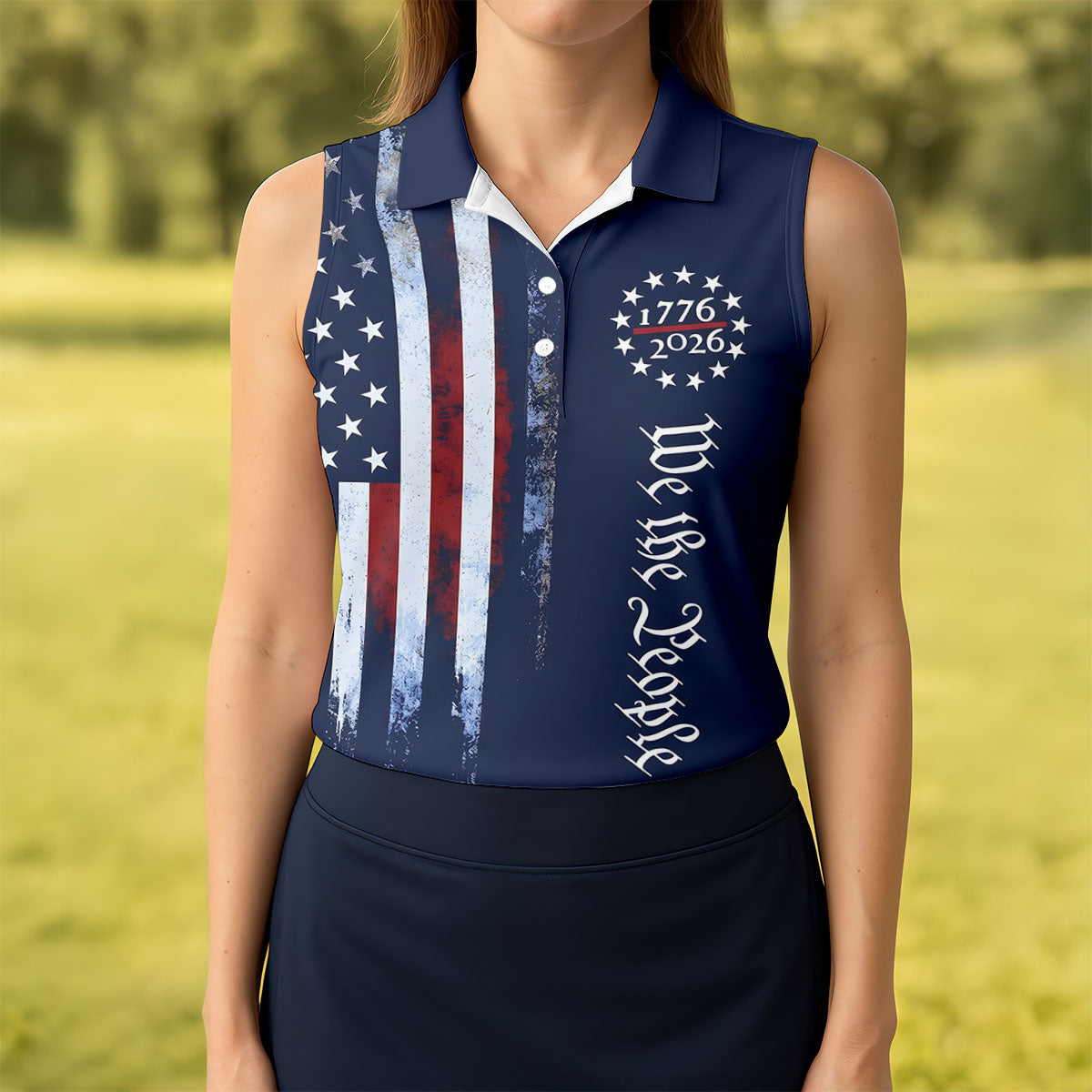We The People 250 Years Navy Vintage Golf Shirt, Patriotic 4th Of July Golf Shirt For Women