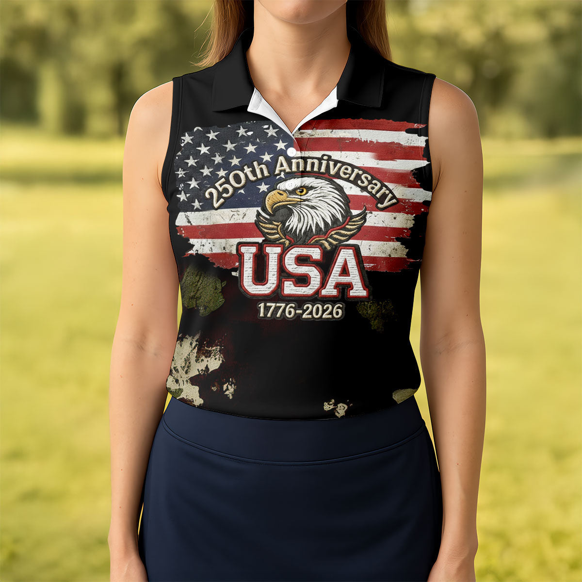 250th Anniversary USA 1776-2026 Distressed Flag Golf Shirt For Women, Patriotic 4th Of July Golf Shirt