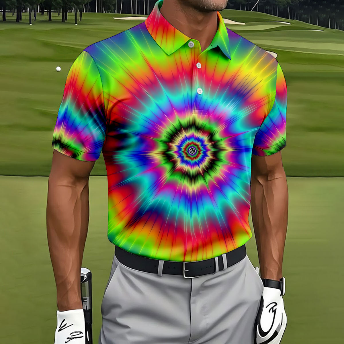 Rainbow Tie Dye Golf Shirt, Psychedelic Spiral Burst Pattern, Golf Shirt For Men