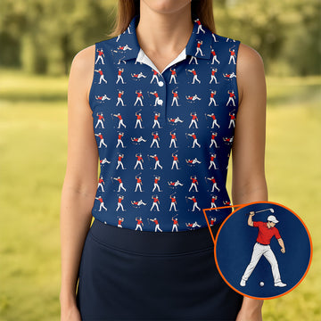 Cartoon Figures Golf Pose Navy Golf Shirt, Ladies Golf Shirts, Golf Shirt For Women, Ladies Golf Polos