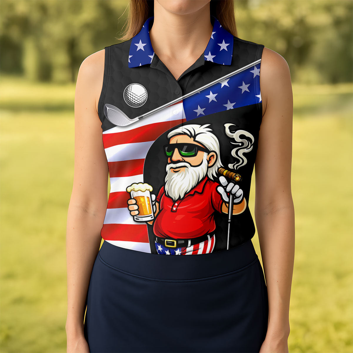 Golf And Beer Patriotic Man Golf Ball Pattern 4th Of July Black Golf Shirt, 250th Anniversary Women's Golf Tops
