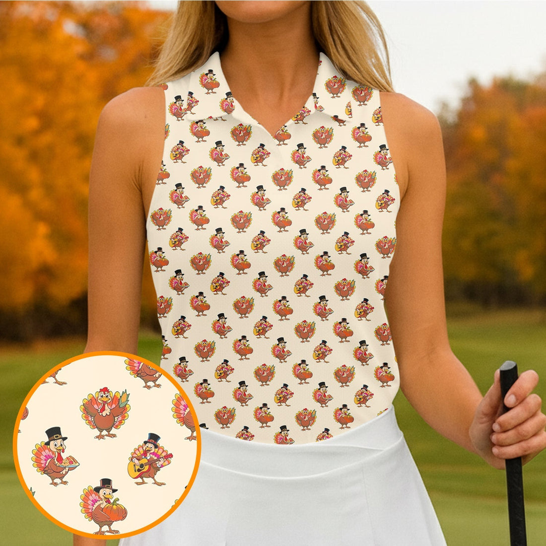 Festive Turkey Thanksgiving Holiday Beige Ladies Golf Tops, Women Golf Top, Golf Gift For Ladies