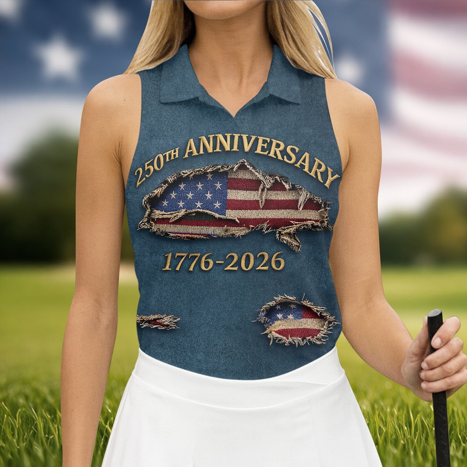 Patriotic American Flag 250th Anniversary Blue Denim Color Ripped Effect Women's Golf Tops, Ladies Golf Shirts