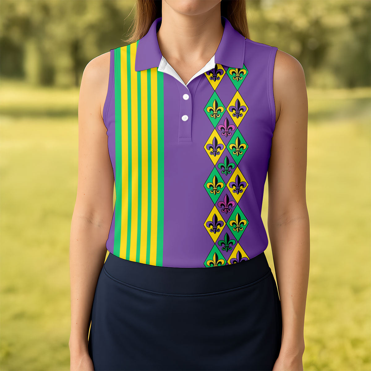 Fleur De Lis Argyle Pattern Purple Green Gold Stripes Women's Golf Shirts, Ladies Golf Polos, Golf Shirt For Women