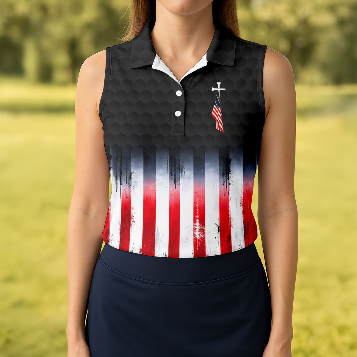 Faith Cross American Flag Patriotic Golf Ball Pattern 4th Of July Golf Shirt, 250th Anniversary Golf Shirt For Women