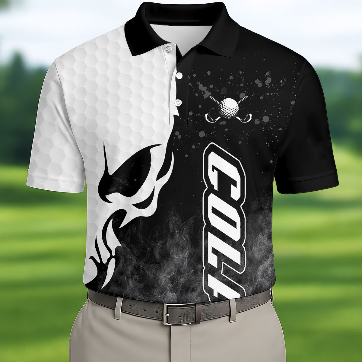 Monochrome Skull Golf Ball Graphic Golf Shirt, Mens Golf Polo, Printed Golf Shirts