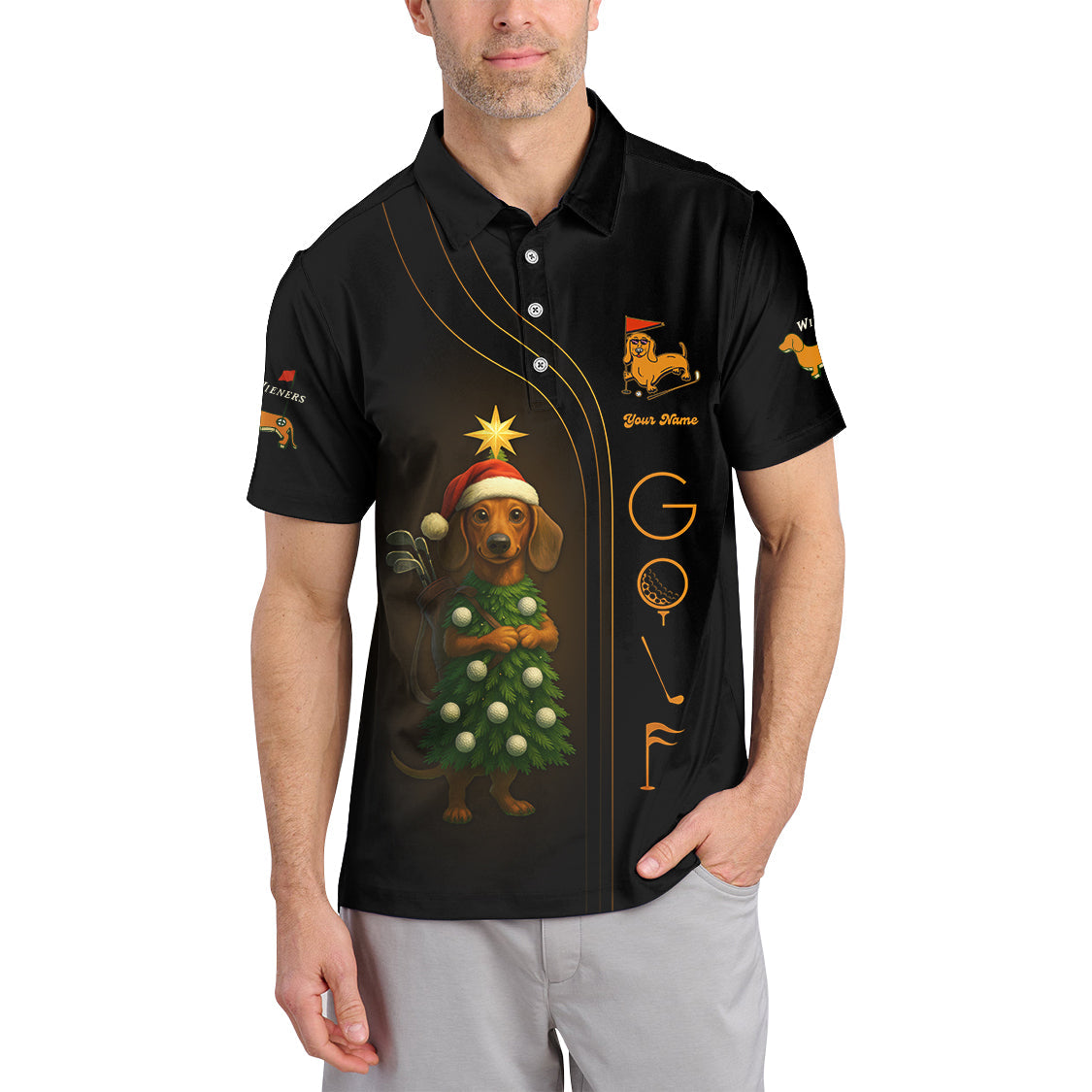 Personalized Christmas Golf Shirt, Dachshund Golf Shirt, Funny Golf Shirt For Men, Golf Gift For Golfer