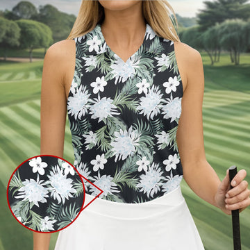 White Flower Tropical Hawaiian Vibe Women's Golf Shirts, Women's Golf Tops, Ladies Golf Shirts