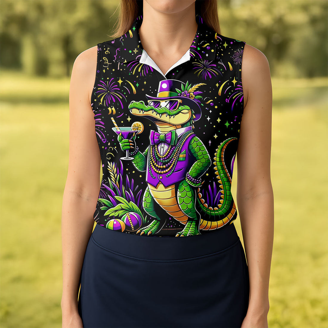 Mardi Gras Aligator Purple Green Gold Confetti Star Women's Golf Shirts, Women's Golf Tops, Ladies Golf Shirts