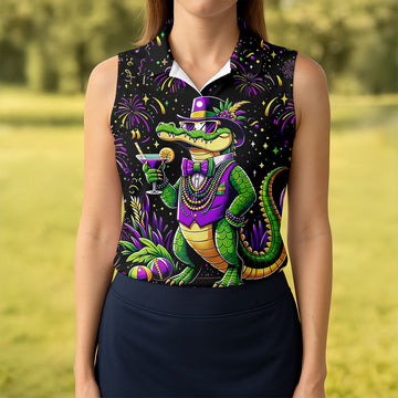 Mardi Gras Aligator Purple Green Gold Confetti Star Women's Golf Shirts, Women's Golf Tops, Ladies Golf Shirts