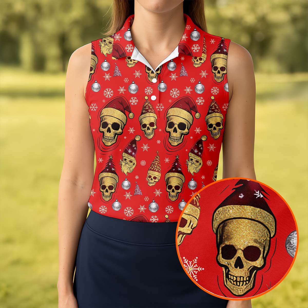 Vintage Skull Christmas Golf Shirt, Red Golf Shirt, Women's Golf Tops, Cool Golf Gift, Ladies Golf Shirts