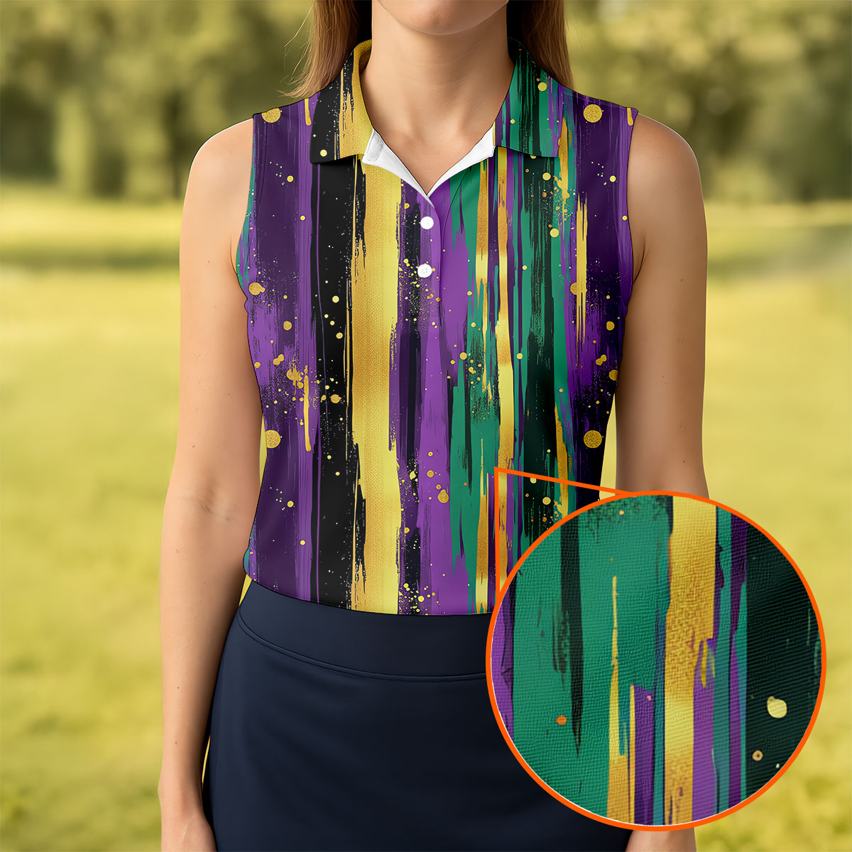 Green Purple Gold Splatter Effect Mardi Gras Golf Shirt, Women's Golf Tops, Ladies Golf Polos