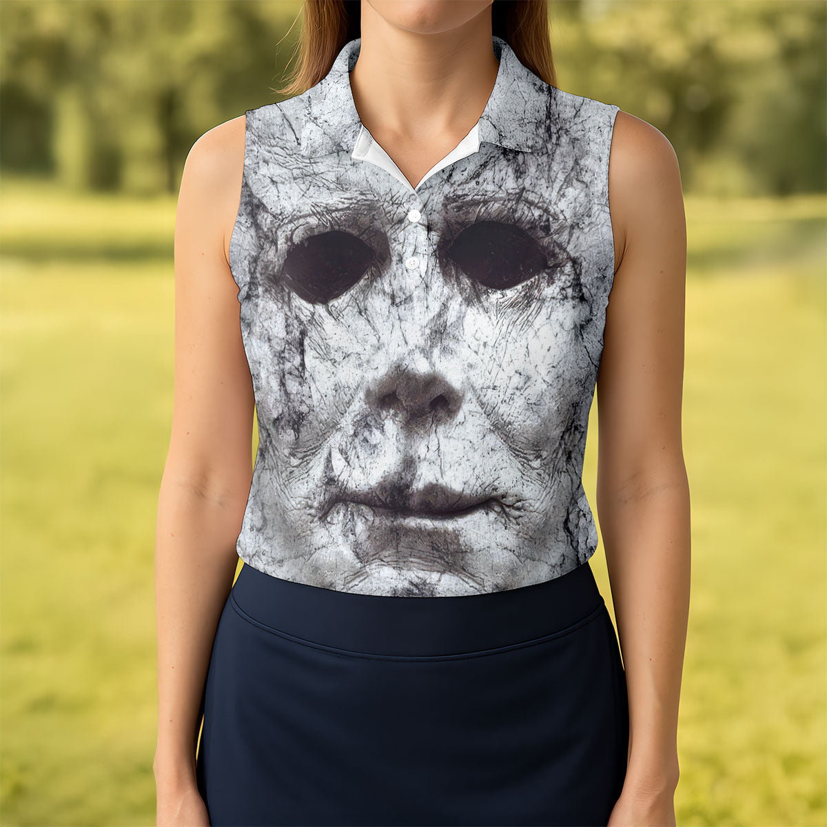 Halloween Michael Myers Horror Face Ladies Golf Polos, Horror Cosplay Women's Golf Tops, Halloween Golf Shirt