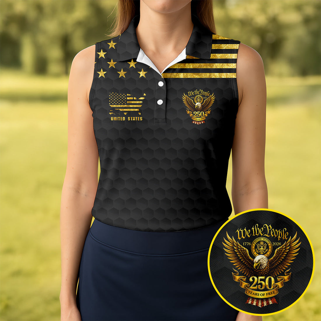 We The People 250 Years Of Free Black And Gold 4th Of July Golf Shirt, Women's Golf Tops