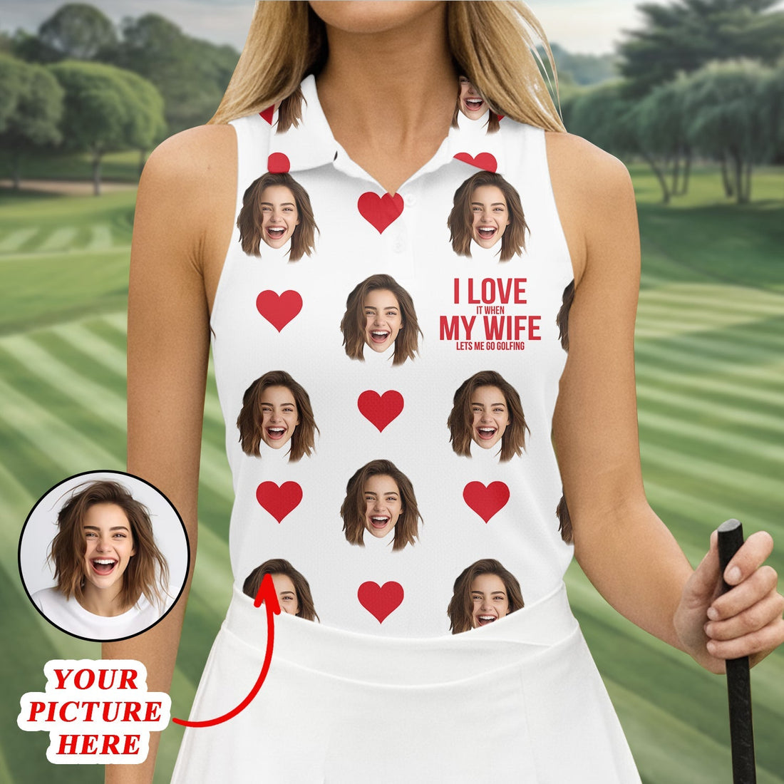 I Love My Wife Custom Photo White Golf Shirt, Valentines Golf Gift, Women Golf Top, Ladies Golf Polos