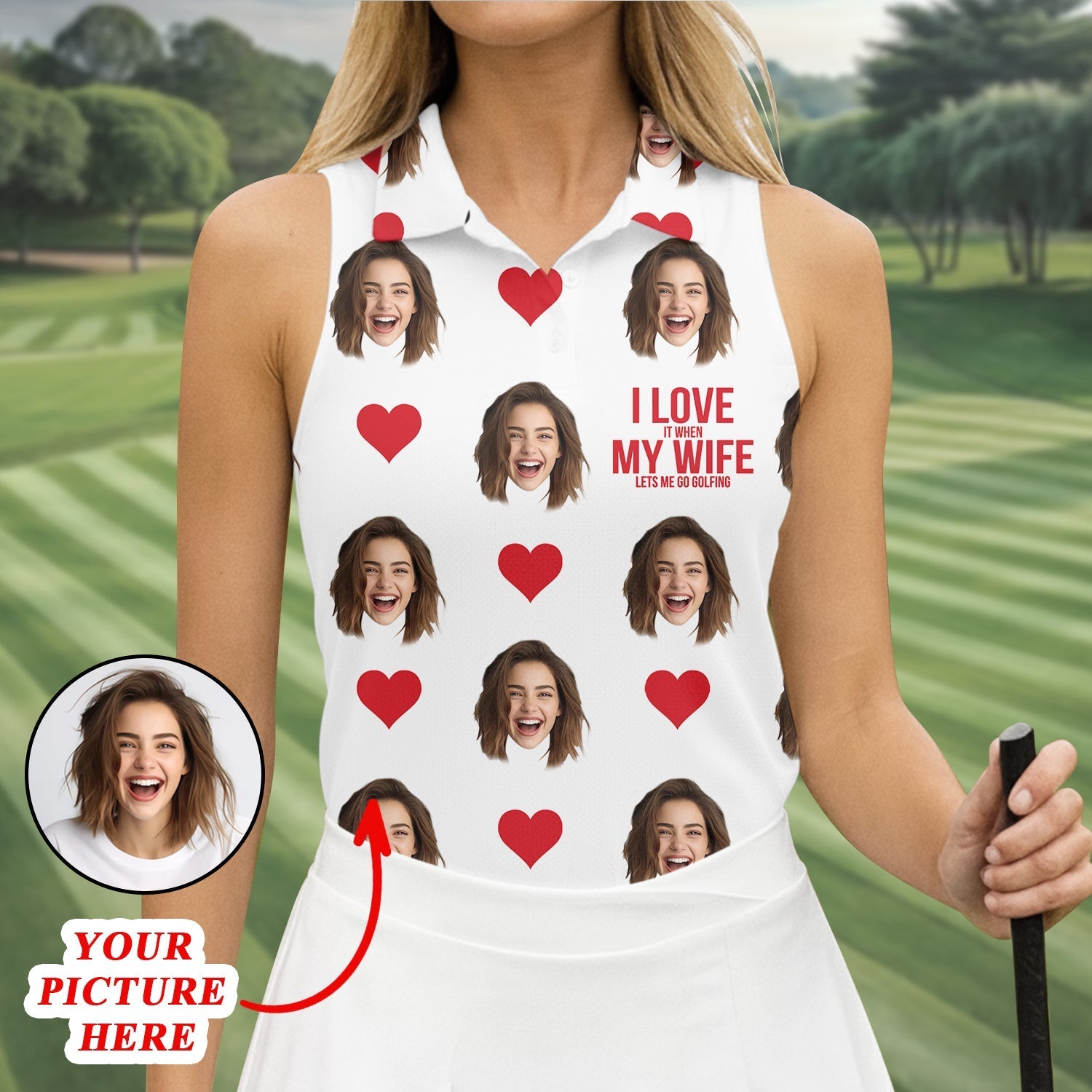 I Love My Wife Custom Photo White Golf Shirt, Valentines Golf Gift, Women Golf Top, Ladies Golf Polos
