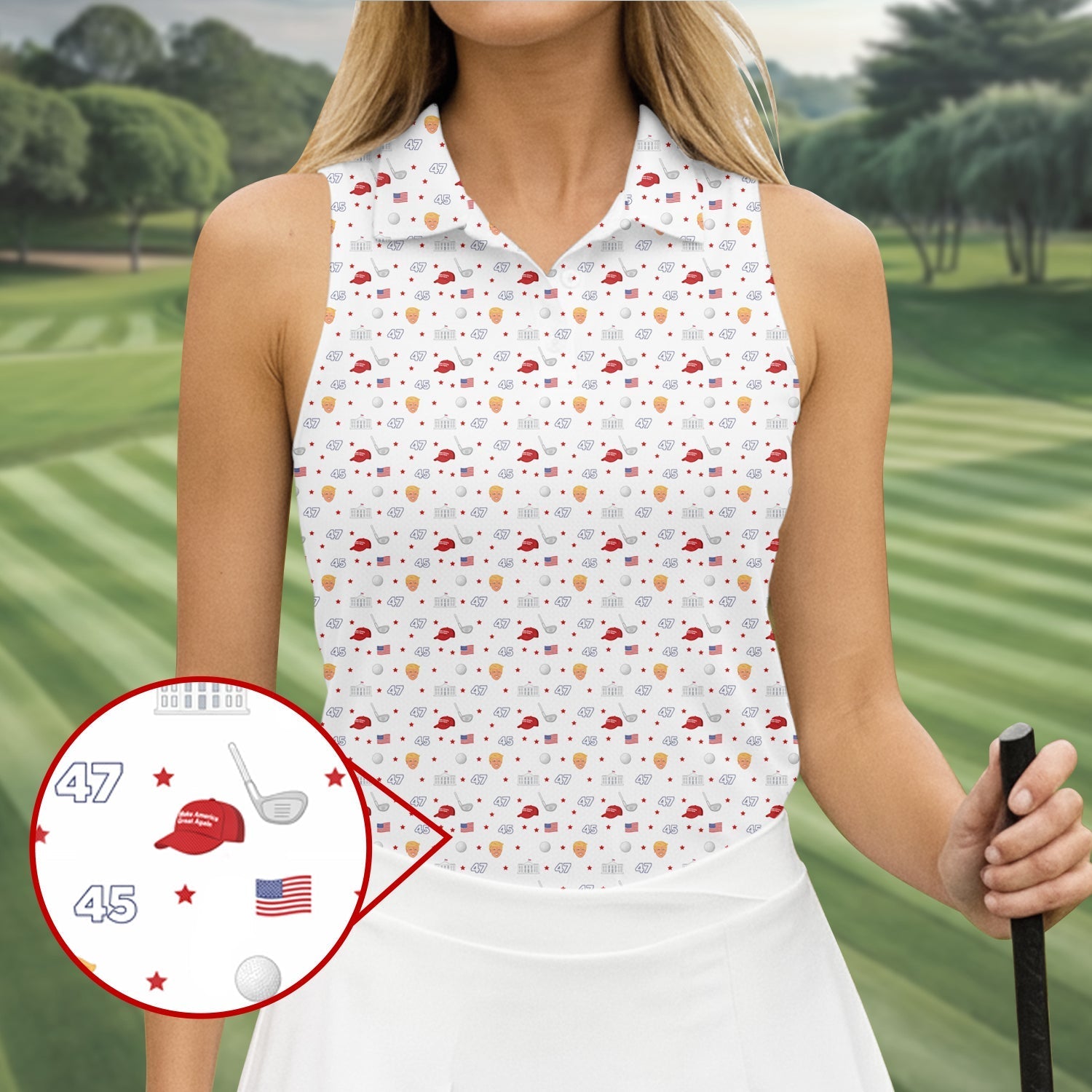 45 47 US Flag Pattern White Golf Shirt, Funny Golf Shirt, Women's Golf Tops, Ladies Golf Shirts