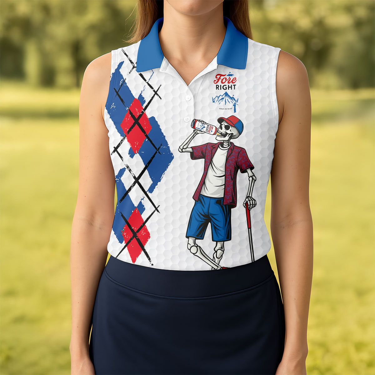 Fore Right Funny Skeleton Golf And Beer Red White  Women's Golf Tops, Ladies Golf Shirts