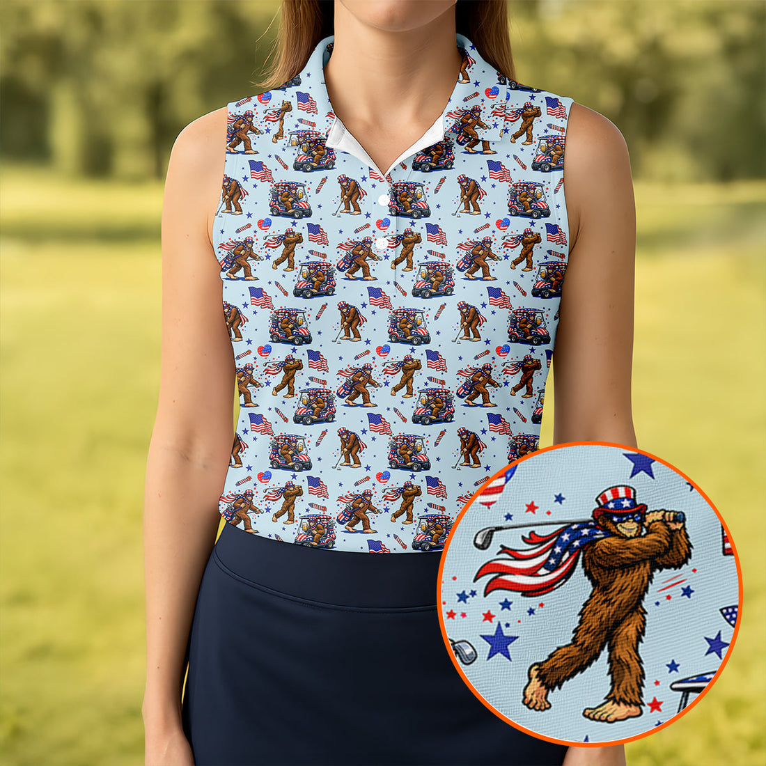 Funny Bigfoot 4th Of July American Flag Pattern Light Blue Women Golf Top, 250th Anniversary Patriotic Golf Shirt
