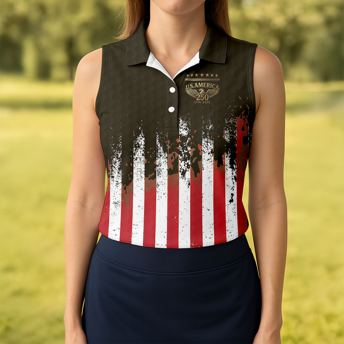 US Bald Eagle Golf Ball Pattern Distressed American Flag Women Golf Top, 250th Anniversary 4th Of July Golf Shirt