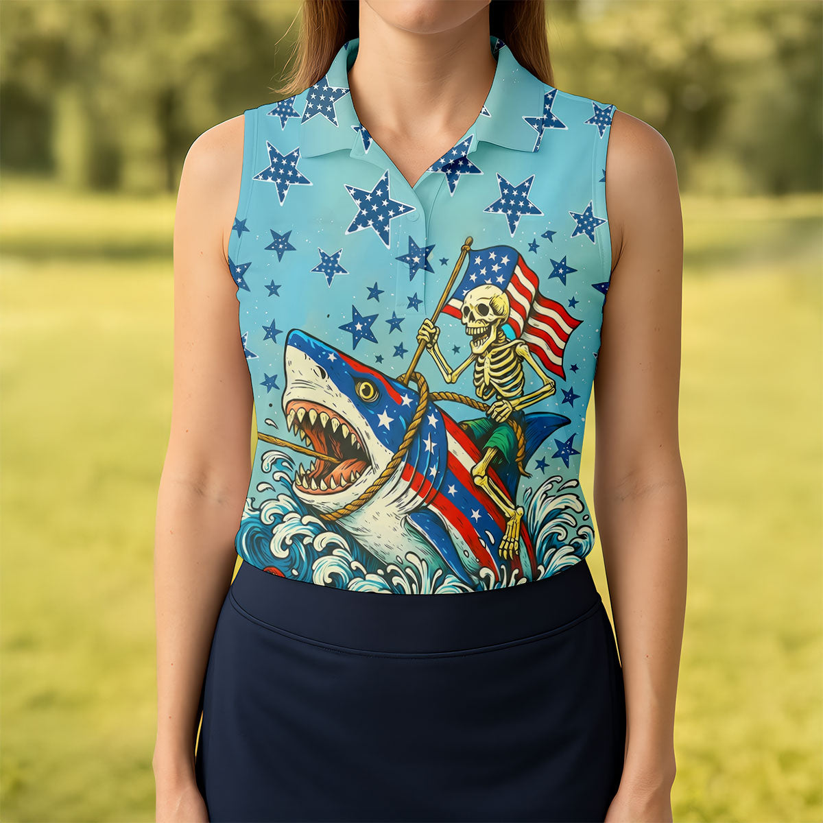 Skeleton Riding Shark Patriotic Golf Shirt, 4th Of July Golf Shirt, 250 Years Golf Shirt For Women