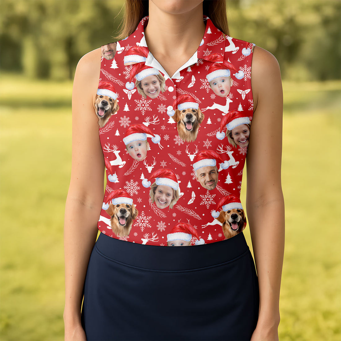 Custom Face Xmas Pattern Red Golf Shirt, Christmas Golf Shirt, Ladies Golf Shirts, Golf Gifts For Women