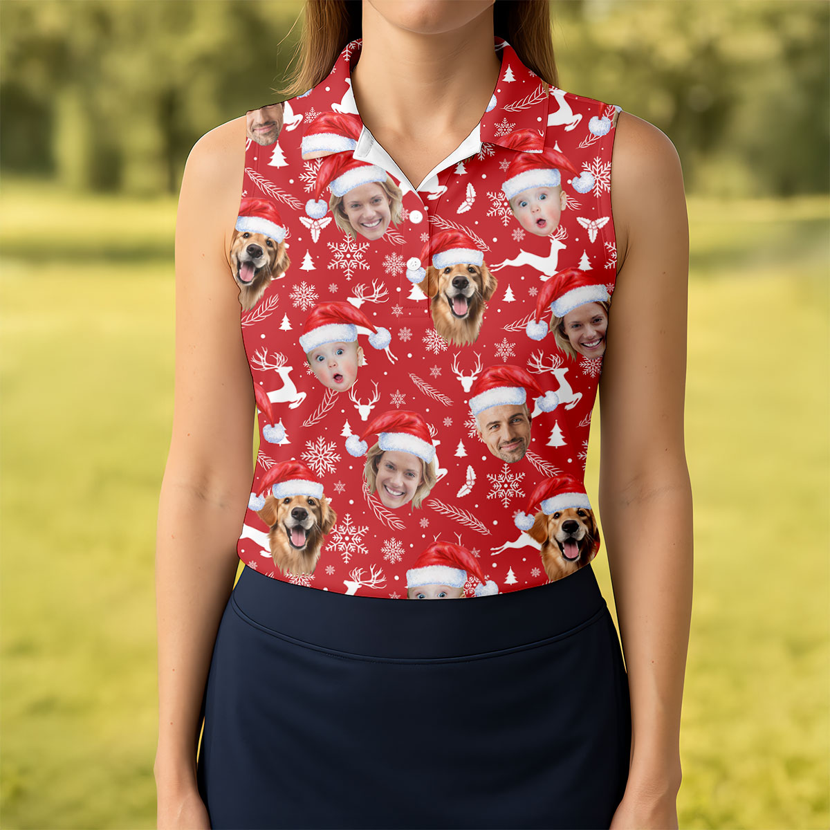 Custom Face Xmas Pattern Red Golf Shirt, Christmas Golf Shirt, Ladies Golf Shirts, Golf Gifts For Women