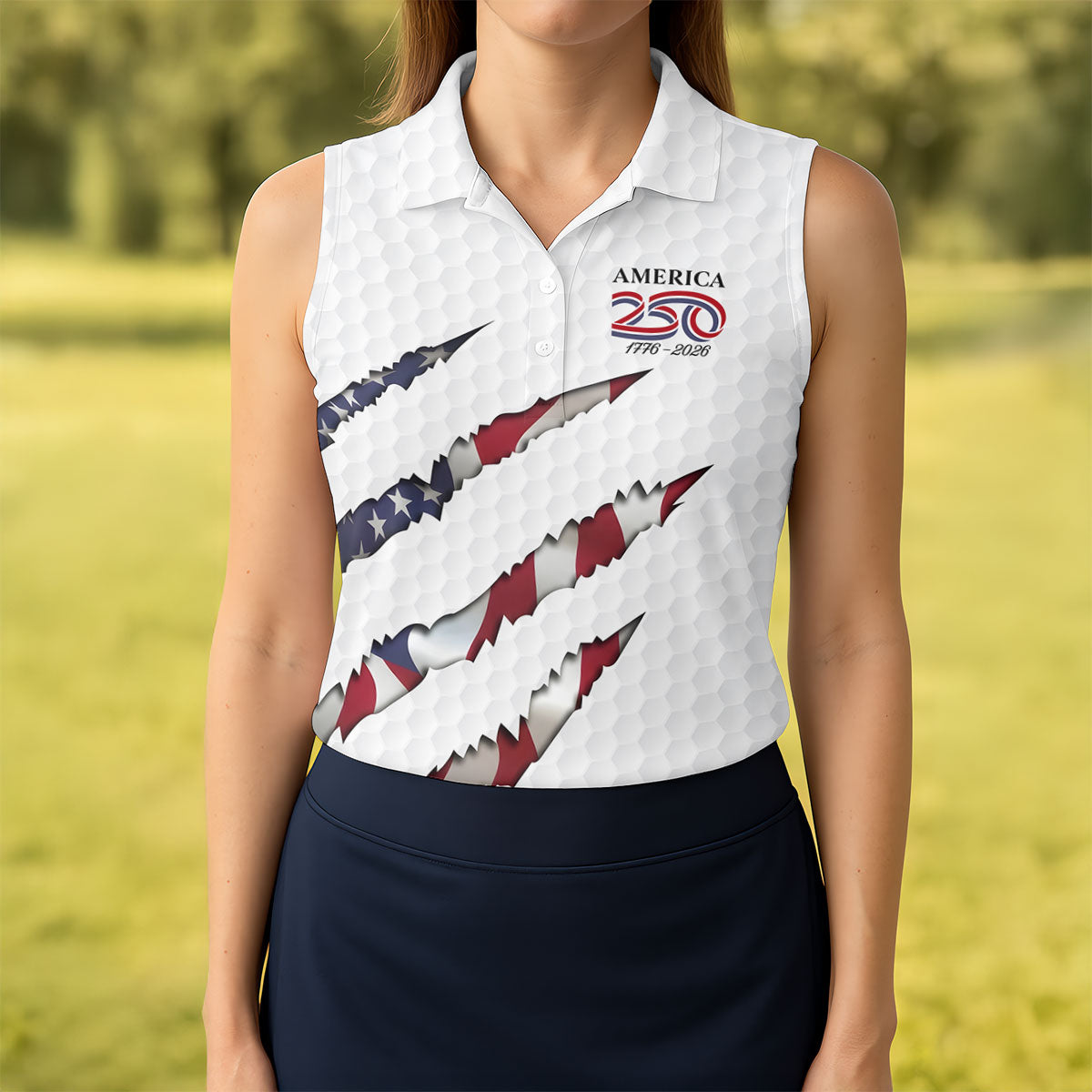 America 250 1776-2026 Scratched Flag Golf Ball Pattern White Golf Shirt, Patriotic 4th Of July Golf Shirt For Women