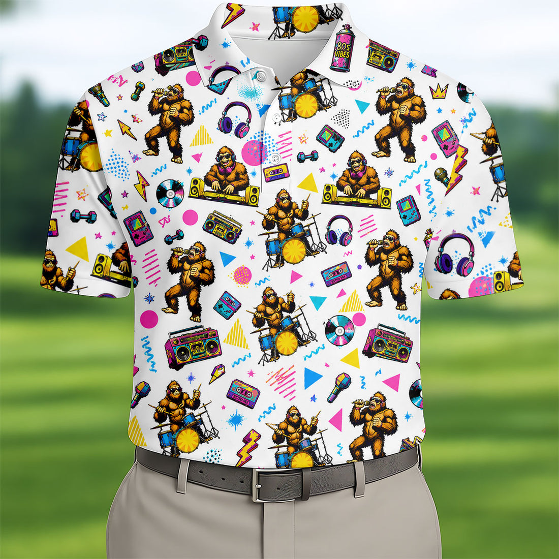 Bigfoot Party Memphis Pattern Retro Golf Shirt, Hawaiian Golf Shirt, Polo Shirts For Men