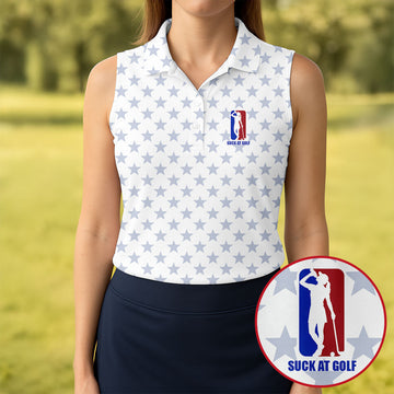 Suck At Golf Patriotic 4th Of July Stars Pattern White Golf Shirt, 250th Anniversary Golf Shirt For Women