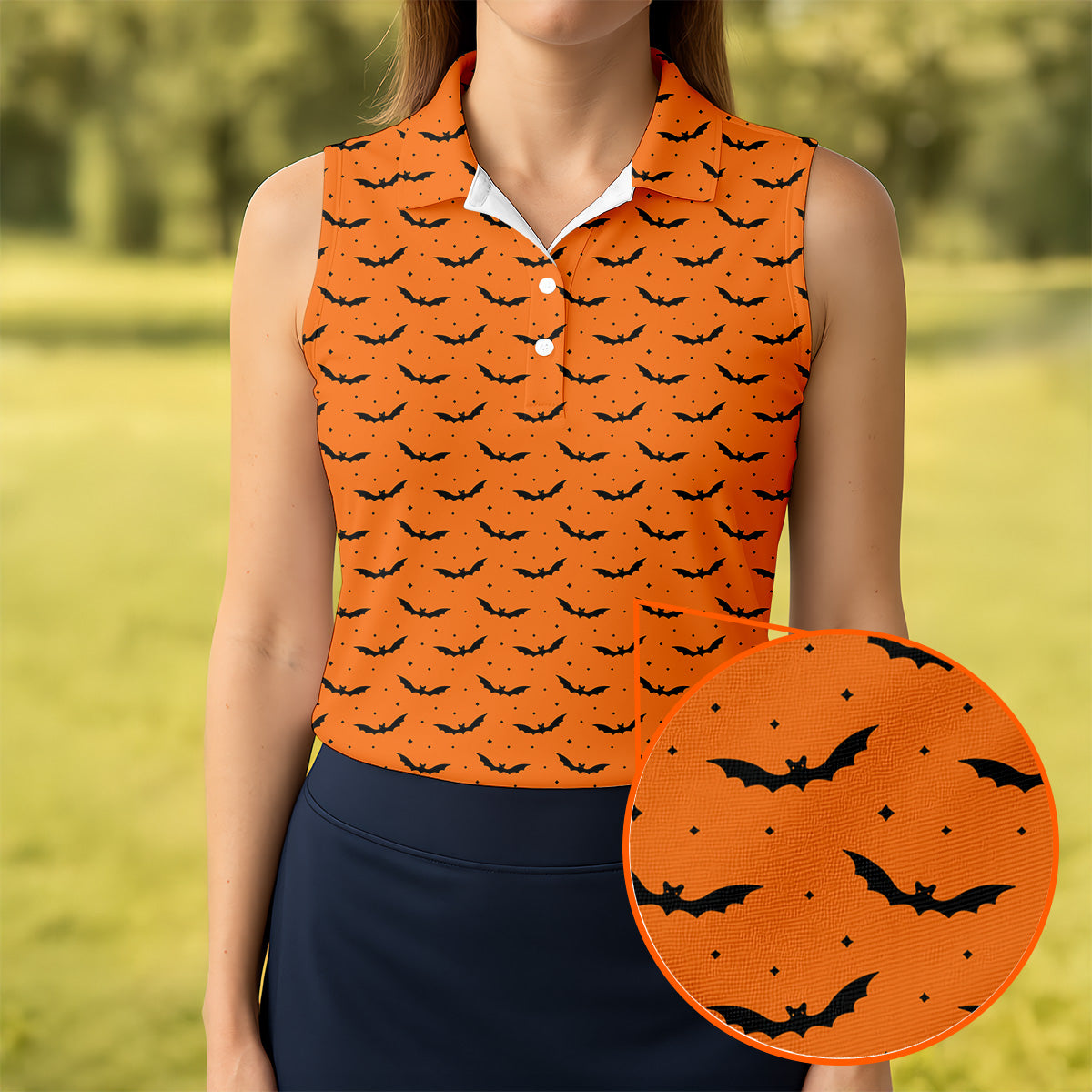 Spooky Bats Orange Halloween Golf Shirt, Ladies Golf Tops, Golf Gifts For Women, Golfing Apparel