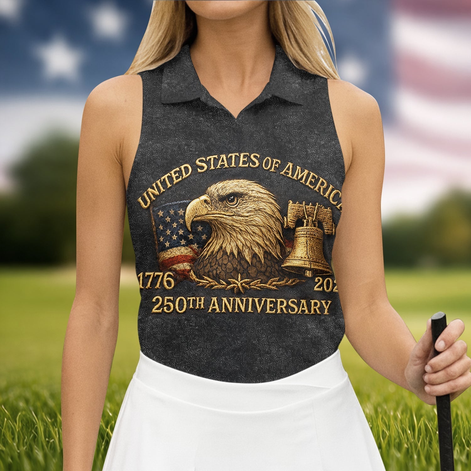 Bald Eagle American Flag 250th Anniversary Dark Grey Color Women's Golf Tops, Ladies Golf Shirts