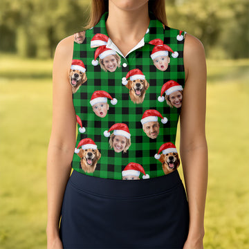 Custom Face Green Buffalo Plaid Christmas Golf Shirt, Ladies Golf Tops, Golf Gifts For Women