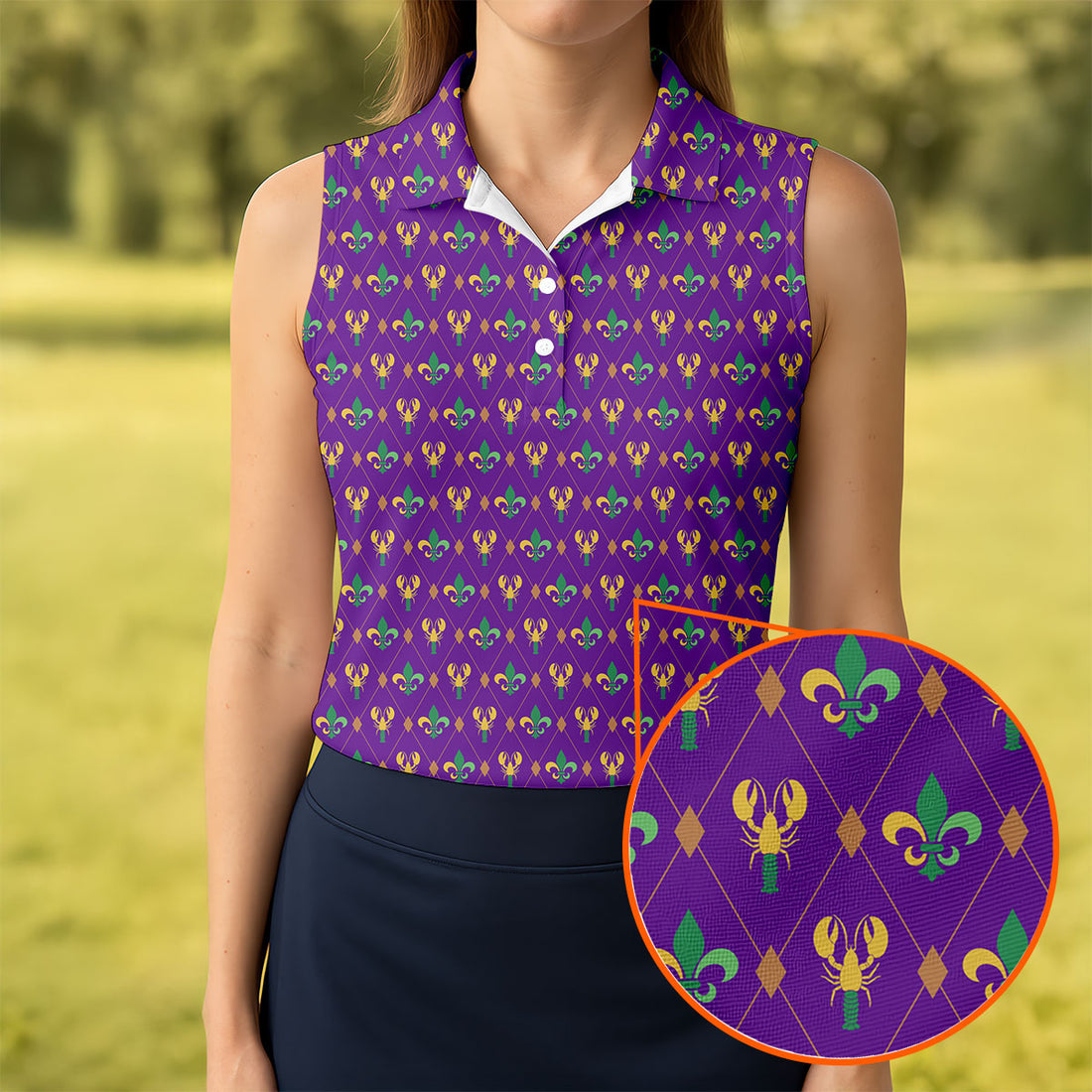 Crawfish Fleur De Lis Argyle Pattern Mardi Gras Golf Shirt, Women's Golf Tops, Ladies Golf Polos